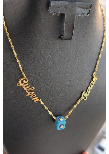 925 Ayar Gümüş 24 Ayar Altın Kaplama 2 Isimli Nazar Boncuklu Kolye