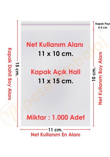 11x10+5 cm (11x15) 1000 Adet Şeffaf Bantlı Yapışkanlı Opp Jelatin Poşet