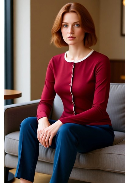 Kadın Bisiklet Yaka Düğmeli Uzun Kollu Viskon Ribana Bluz Kaliteli Şık Rahat Modern Zarif Günlük fırsatları