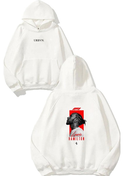 F1 Tasarım Baskılı Oversize Beyaz Kapüşonlu Sweatshirt
