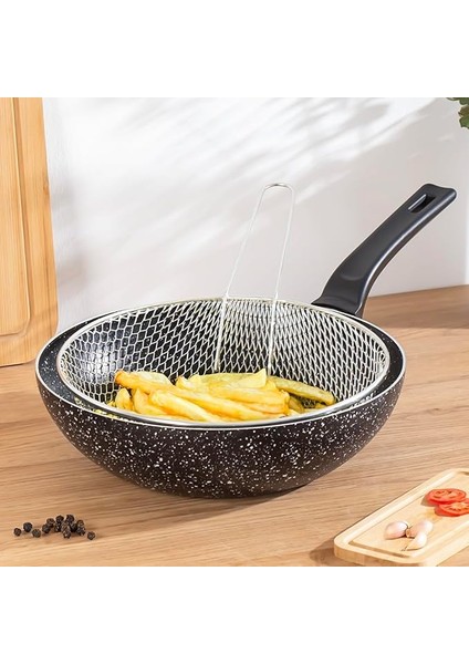 Yanmaz Yapışmaz Granit Fritöz Sepetli Cips Kızartma Wok Tava 2 Parça 28 cm