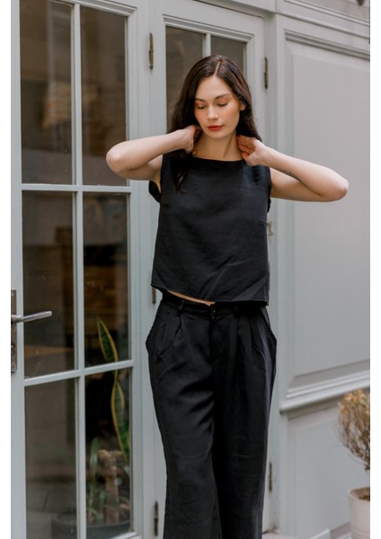 Keten Günlük Rahat Kolsuz Alt Üst Kadın Takım modelleri