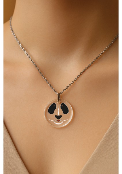 Şeffaf Sert Akrilik Kolye Ucu ve Üzeri Zincirli Desenli Kolye Tatlı Panda