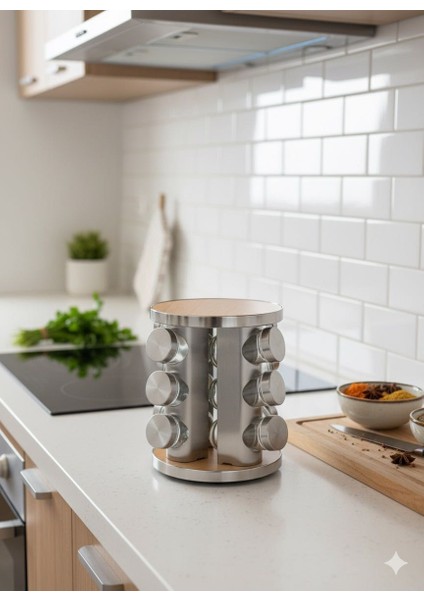 Döner Ahşap Detaylı Baharatlık Seti – 12’li Cam Kavanozlu 360° Ahşap Stand – Baharat Organizer