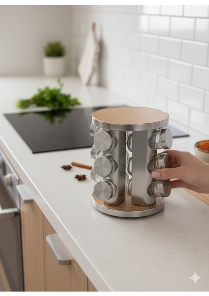 Döner Ahşap Detaylı Baharatlık Seti – 12’li Cam Kavanozlu 360° Ahşap Stand – Baharat Organizer fiyatları