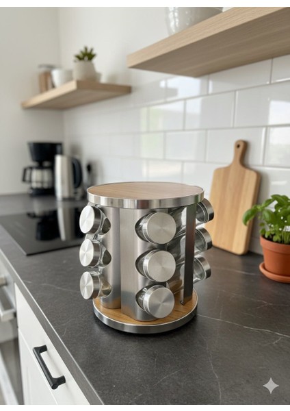 Döner Ahşap Detaylı Baharatlık Seti – 12’li Cam Kavanozlu 360° Ahşap Stand – Baharat Organizer modelleri