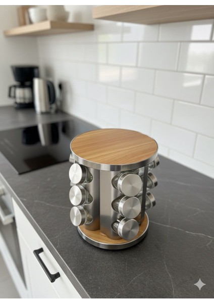 Döner Ahşap Detaylı Baharatlık Seti – 12’li Cam Kavanozlu 360° Ahşap Stand – Baharat Organizer fırsatları