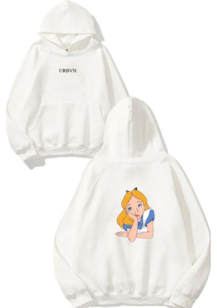 Cinderella Tasarım Baskılı Oversize Beyaz Kapüşonlu Sweatshirt