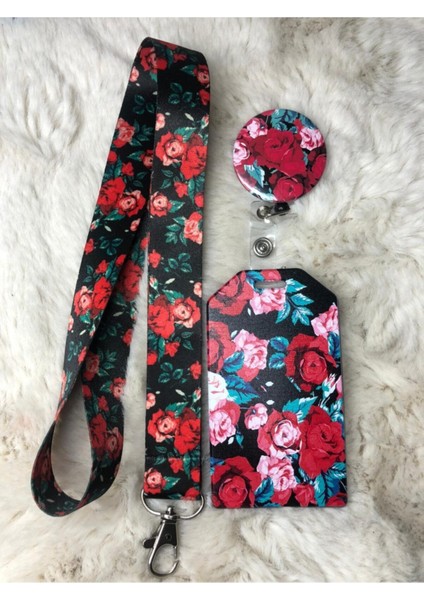 Kırmızı Güller Boyun Askısı Yoyo ve Kartlık Set