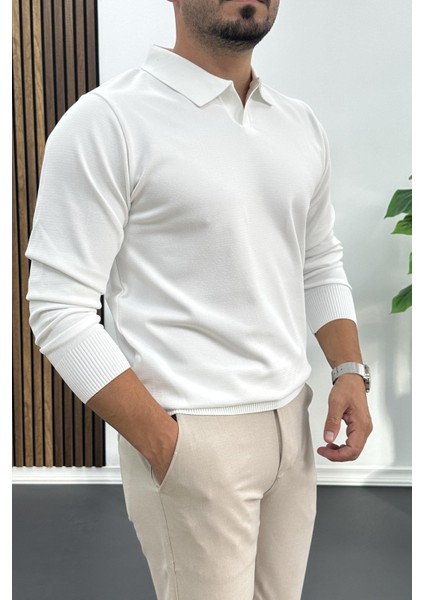 Erkek Açık Yaka Düz Desen Normal Kalıp Kazak Beyaz EDW423 fiyatları