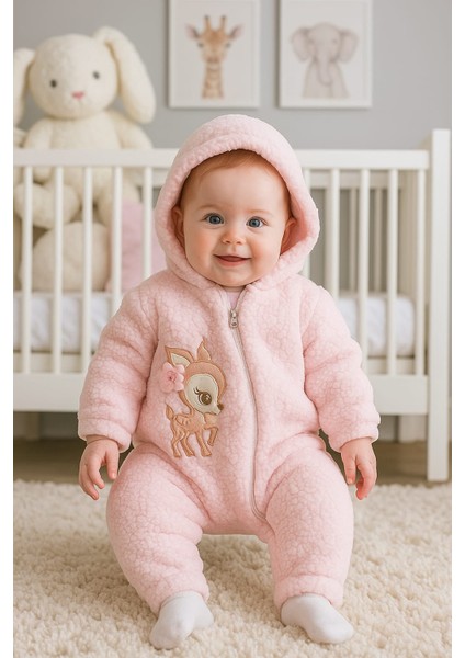 3-12 Ay Sevimli Hayvan Nakış Işlemeli Kapşonlu Fermuarlı Ekstra Yumuşak Welsoft Kuzu Tulum