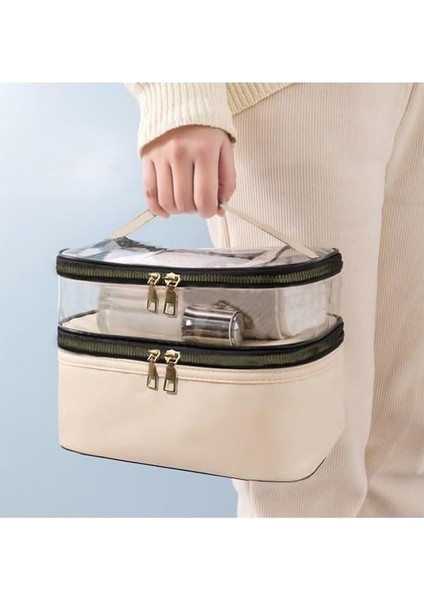 Uydee Bej Deri Kadın Makyaj Çantası Şeffaf Pratik Şık Çift Bölmeli Fermuarlı Kozmetik Makyaj Organizeri