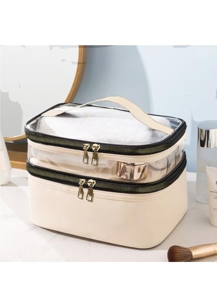 Uydee Bej Deri Kadın Makyaj Çantası Şeffaf Pratik Şık Çift Bölmeli Fermuarlı Kozmetik Makyaj Organizeri fiyatları