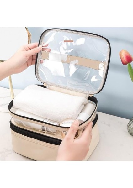 Uydee Bej Deri Kadın Makyaj Çantası Şeffaf Pratik Şık Çift Bölmeli Fermuarlı Kozmetik Makyaj Organizeri modelleri