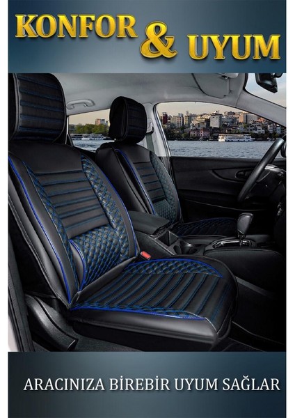 Chevrolet Kalos Deri Oto Koltuk Kılıfı Ön Arka Set Plus Serisi Siyah Mavi Scr