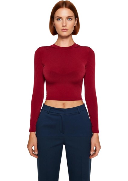 Stil Kadın Fitted Vücuda Oturan Kol Büzgülü Esnek Bluz Crop Örme Slim Kalıp
