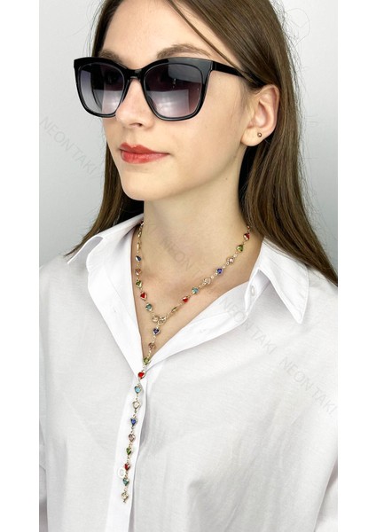 Y Kolye, Taşlı, Çok Renkli, Kalpli, Kolye 432, Kasa Altın Renk