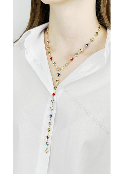 Y Kolye, Taşlı, Çok Renkli, Kalpli, Kolye 432, Kasa Altın Renk