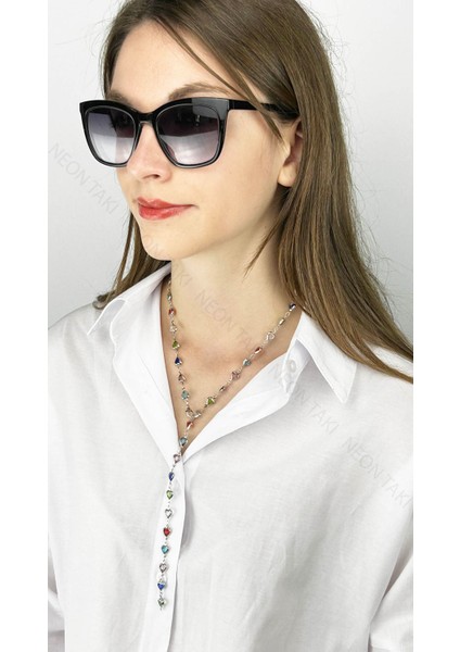 Y Kolye, Taşlı, Çok Renkli, Kalpli, Kolye 433, Kasa Gümüş Renk