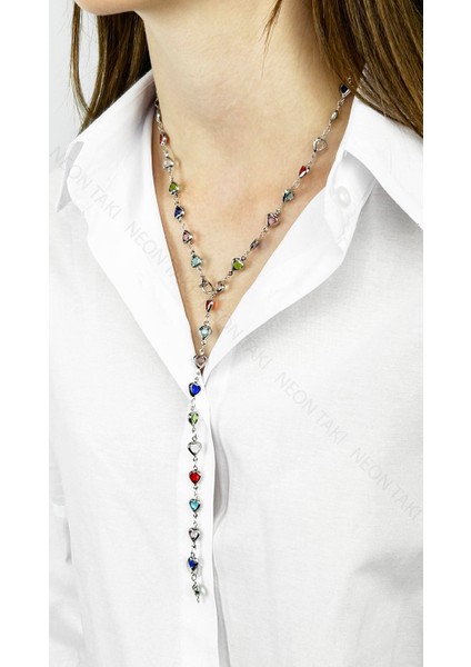 Y Kolye, Taşlı, Çok Renkli, Kalpli, Kolye 433, Kasa Gümüş Renk