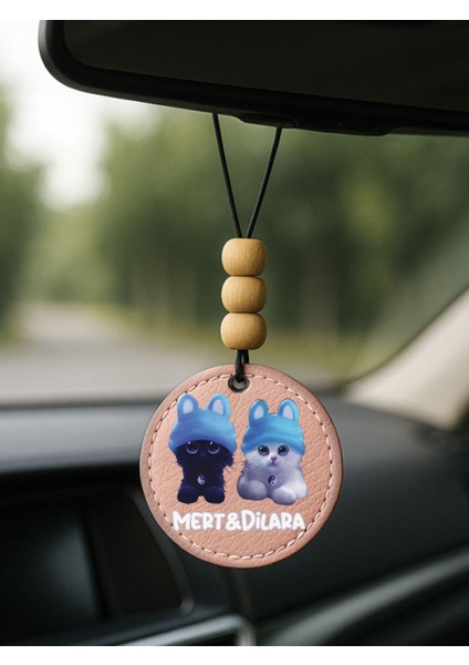 Kişiye Özel Isim Yazılı 1.sınıf Deri Ahşap Dekorlu Dikiz Aynası Süsü Pudra Pembe - Insta