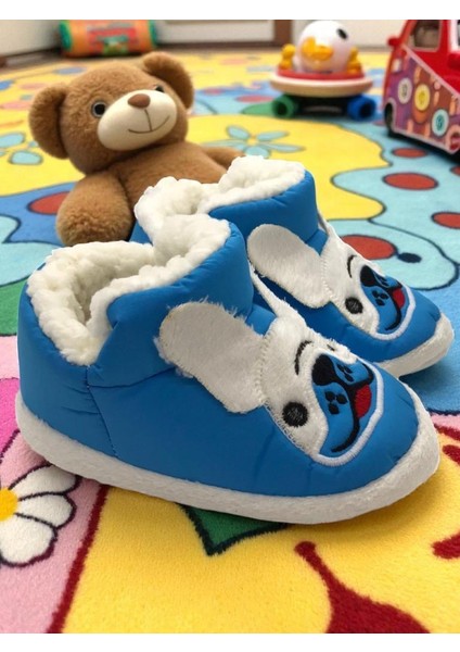 Erkek Çocuk Hayvanlı Kışlık Yumuşacık Içi Yünlü Mavi Ev Pandufu