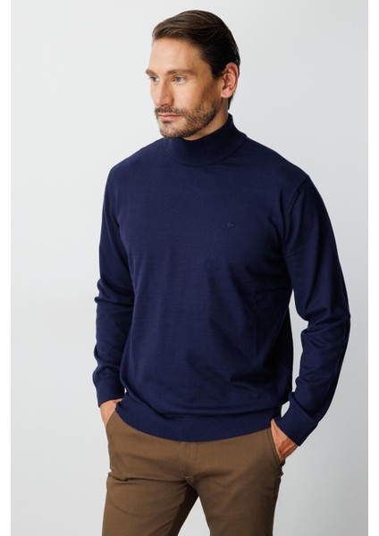 Lacivert Standart Fit Dar Kalıp Yarım Balıkçı Düz Triko