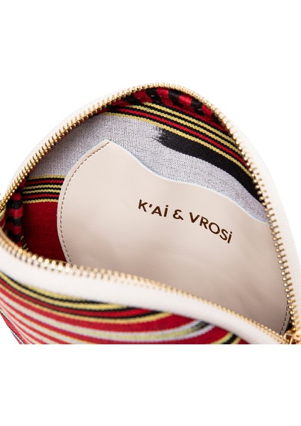 Çona Maxi - Kalın Çizgili Bej Deri Yuvarlak Çanta