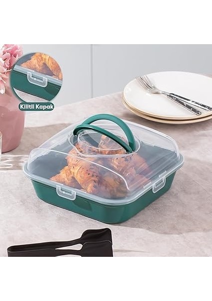 1095 Yeşil Pasta Kek Börek Kabı - Taşıma Çantası - Kilitli Fanus fiyatları