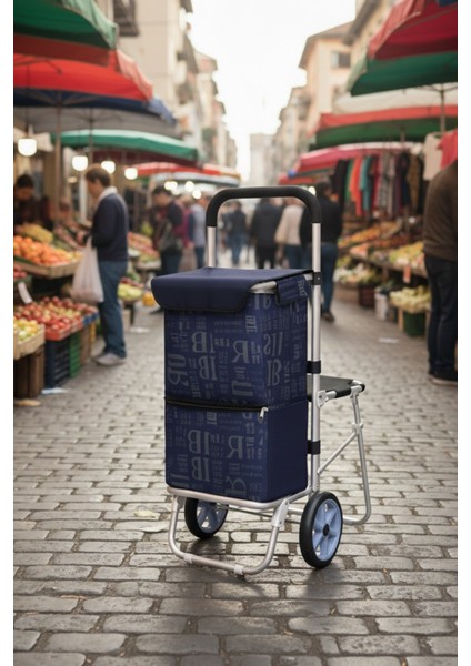 Katlanabilir Oturaklı Alüminyum Gövdeli Pazar Arabası – Sessiz Tekerlek, Fermuarlı Çanta
