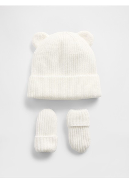 Bebek Beyaz Cashsoft Ayı Bere & Eldiven Set