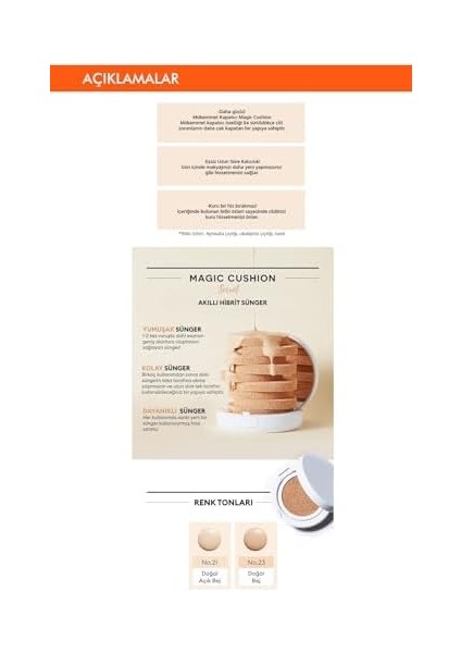 Mıssha Yarı Mat Görünümlü Cushion Fondöten (Iç Yedek) Magic Cushion Cover Lasting SPF50+/PA+++ (No.21)