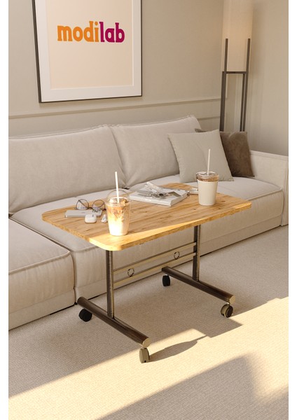 Tekerlekli Orta Sehpa Ahşap Metal Tasarım Çam Traverten Renk Taşınabilir Kullanışlı Dekoratif Modern
