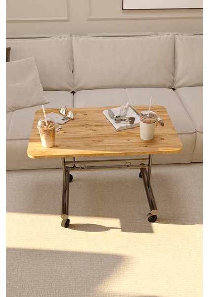 Tekerlekli Orta Sehpa Ahşap Metal Tasarım Çam Traverten Renk Taşınabilir Kullanışlı Dekoratif Modern fiyatları