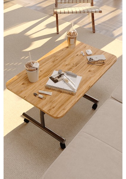 Tekerlekli Orta Sehpa Ahşap Metal Tasarım Çam Traverten Renk Taşınabilir Kullanışlı Dekoratif Modern modelleri