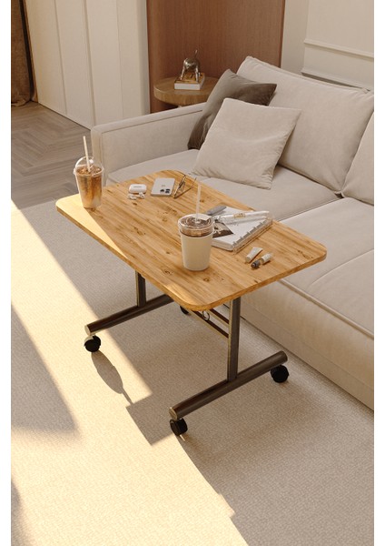 Tekerlekli Orta Sehpa Ahşap Metal Tasarım Çam Traverten Renk Taşınabilir Kullanışlı Dekoratif Modern fırsatları