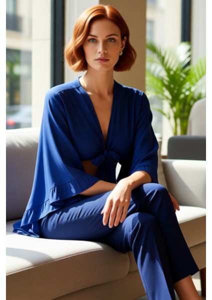 Moda V Yaka Dokuma Fit Düz Desen Plaj Crop Truvakar Kol Kol Bluz