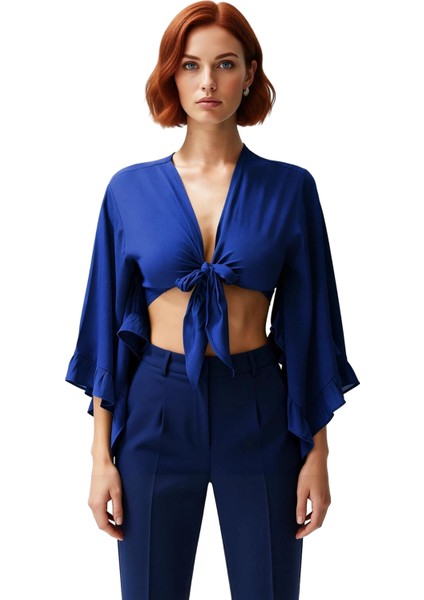 Moda V Yaka Dokuma Fit Düz Desen Plaj Crop Truvakar Kol Kol Bluz fiyatları