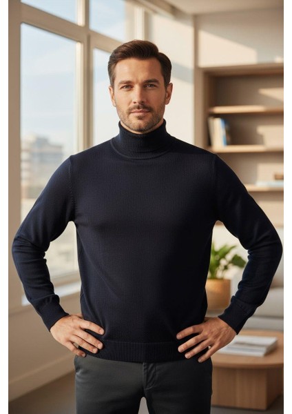 Uzun Kollu Lacivert Balıkçı Yaka Kazak (Unisex)