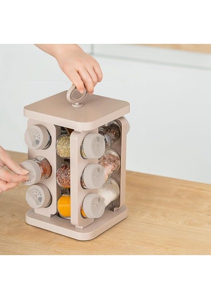 1079 Kare Prizma Döner Standlı Döner Kapaklı 12'li Cam Baharatlık-Düzenleyici Organizer-Cappuccino