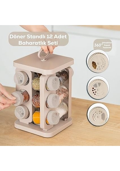 1079 Kare Prizma Döner Standlı Döner Kapaklı 12'li Cam Baharatlık-Düzenleyici Organizer-Cappuccino fiyatları