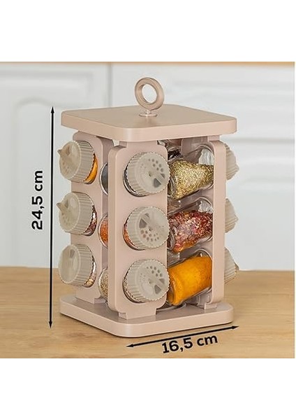 1079 Kare Prizma Döner Standlı Döner Kapaklı 12'li Cam Baharatlık-Düzenleyici Organizer-Cappuccino modelleri