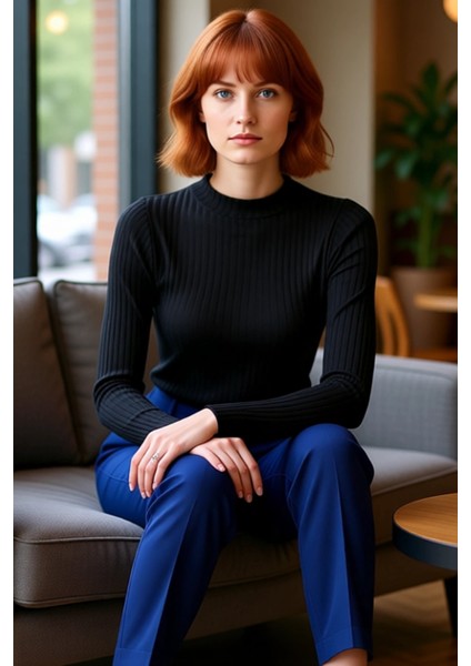 Moda Dik Yaka Örme Slim Düz Desen Casual Günlük Regular Uzun Kol Bluz