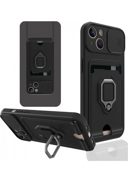 iPhone 14 Plus Kılıf Zuma Kartvizitli Yüzüklü Silikon - Siyah (K95)