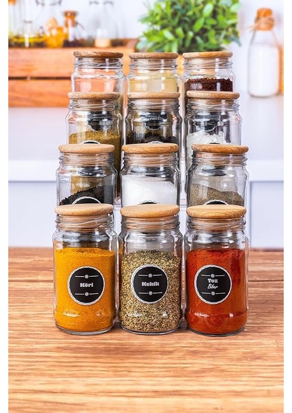 Adet Ahşap Kapaklı Cam Baharatlık Seti 320 cc -12LI Ahşap Kapaklı Baharat Takımı