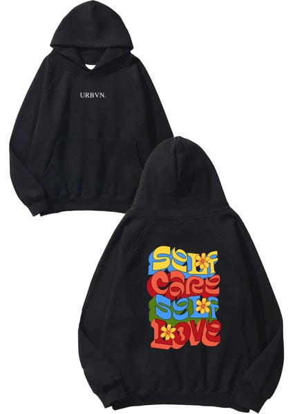 Self Care Tasarım Baskılı Oversize Siyah Kapüşonlu Sweatshirt