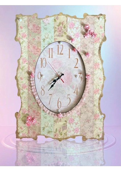 Ahşap Dekoratif Duvar Saati Inci ve Çiçekli Chabby Chıc