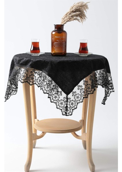 Güpürlü Kadife Fiskos Örtüsü Siyah