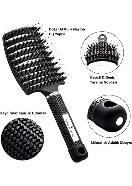 Land Of Myth - LOM1071 Premium Detangler, Dolaşık Saç Açma Fırçası, Yumuşak ve Esnek Iyonik Fırça Dişleri (Siyah) modelleri