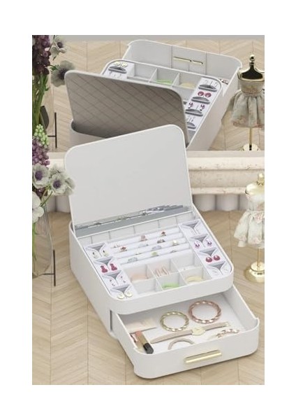 Aynalı Çok Bölmeli Çekmeceli Makyaj Takı Organizer Krem fiyatları